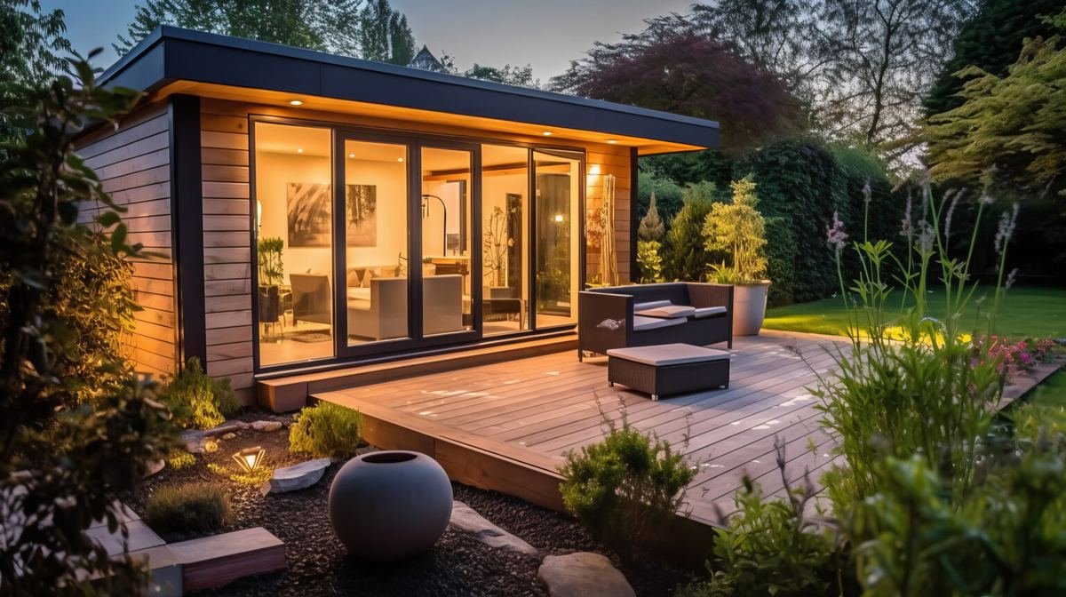 Modern garden room with bi-fold doors onto a landscaped garden