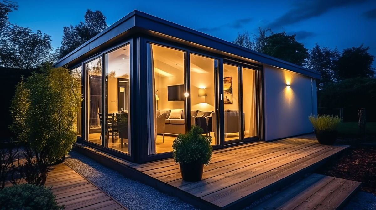 Modern garden room lit up in the evening