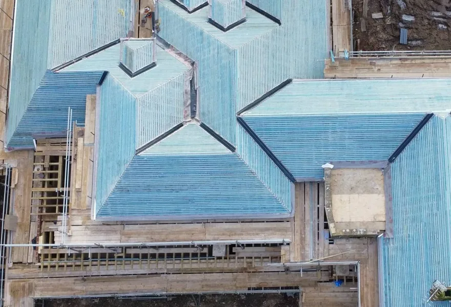 Aerial drone photo of a house roof under construction by HK Builders Ltd in Solihull and the West Midlands