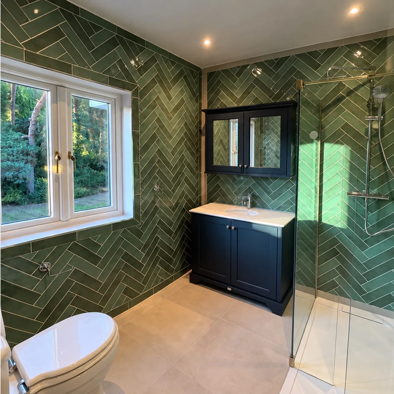 Renovated bathroom with green herringbone wall tiles, navy vanity unit and glass shower