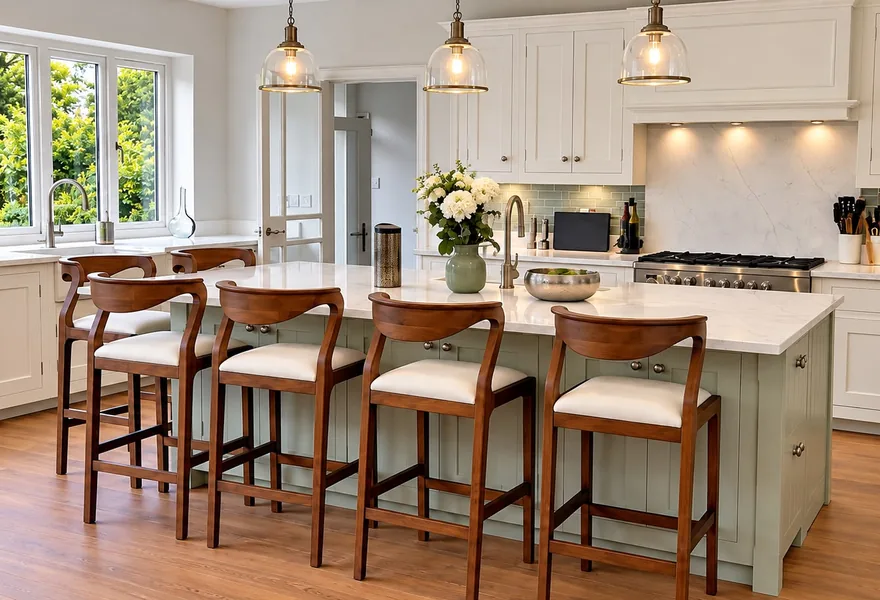 Renovated kitchen with a central island and wooden bar stools