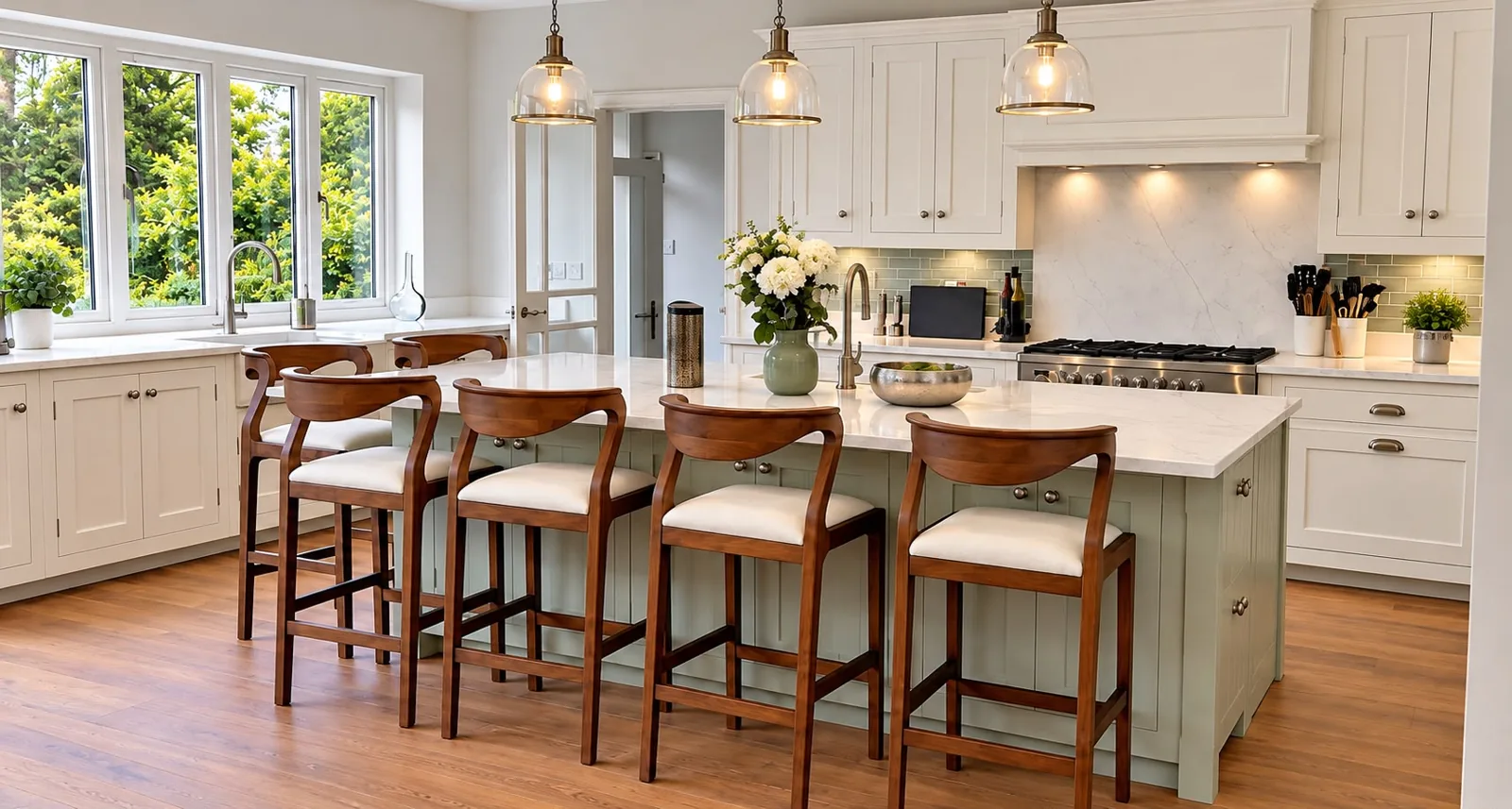 Renovated kitchen with a central island and bar stools
