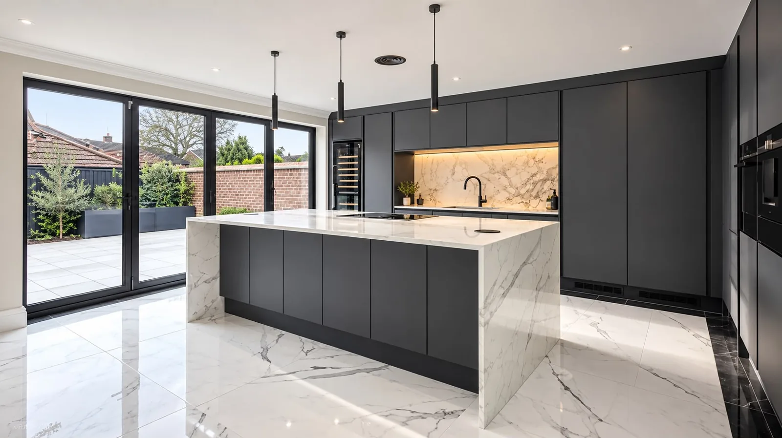 Modern dark kitchen with a marble island