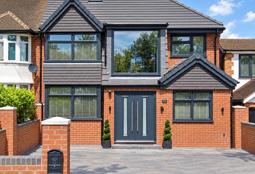 Semi-detached house after extension work with new grey roof and windows