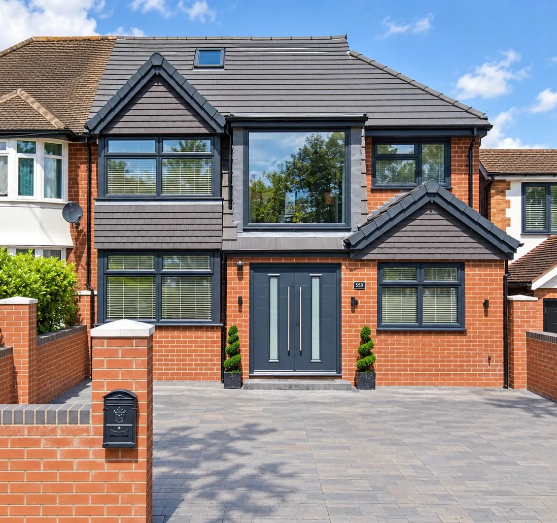 Semi-detached house after extension work with new grey roof and windows