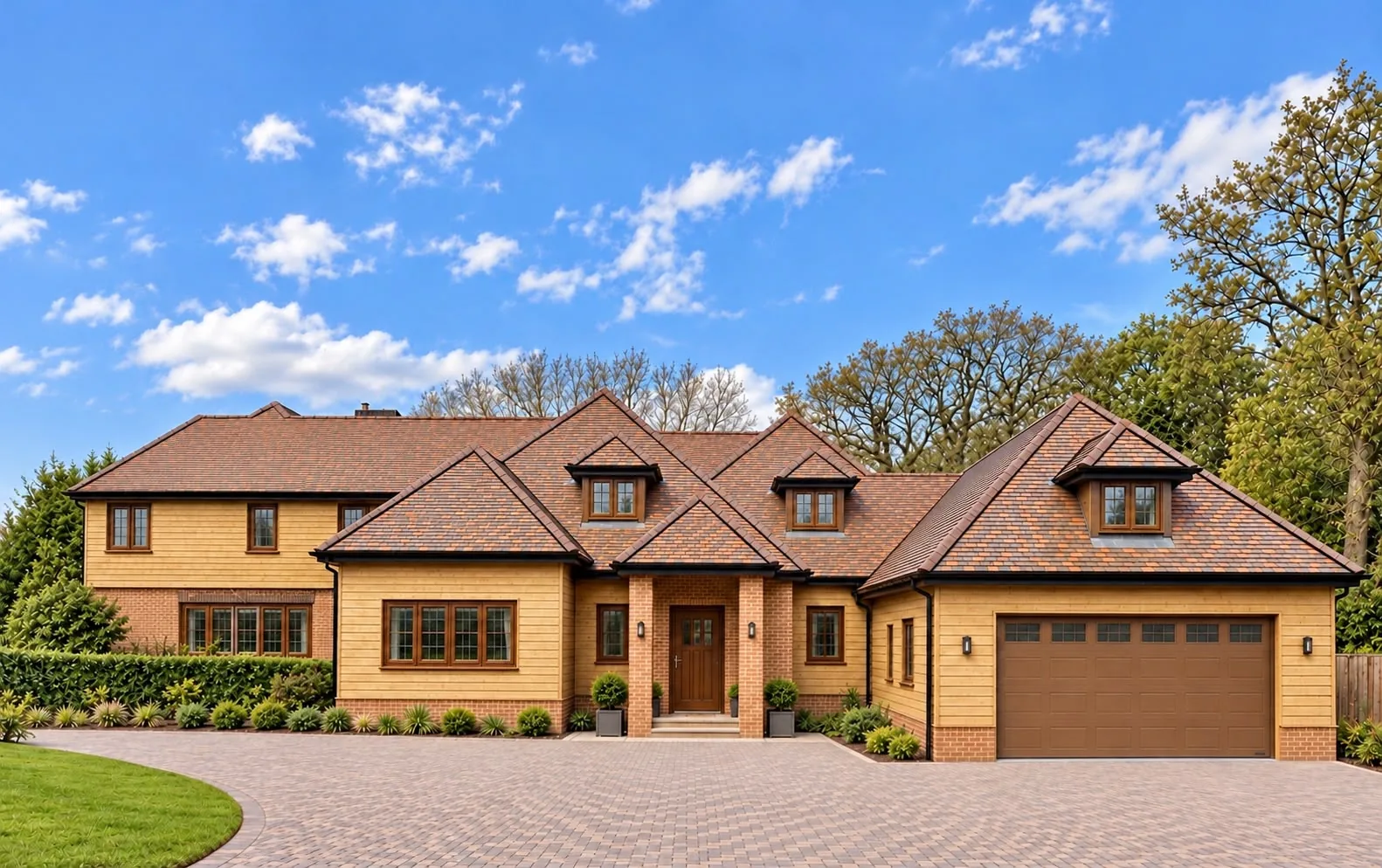 New house with a brick paved driveway and double garage, front view