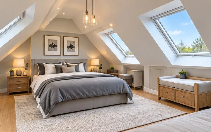 Loft bedroom with roof windows and a double bed