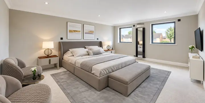 Bedroom with a king size bed and large windows