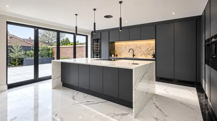 Modern dark kitchen with a marble island