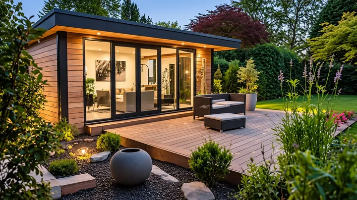 Garden room with sliding glass doors and a decked seating area, lit in the evening
