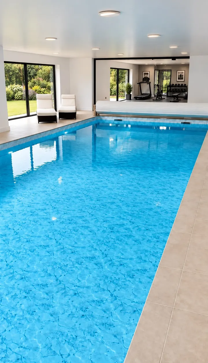 Indoor swimming pool with seating and a gym area behind