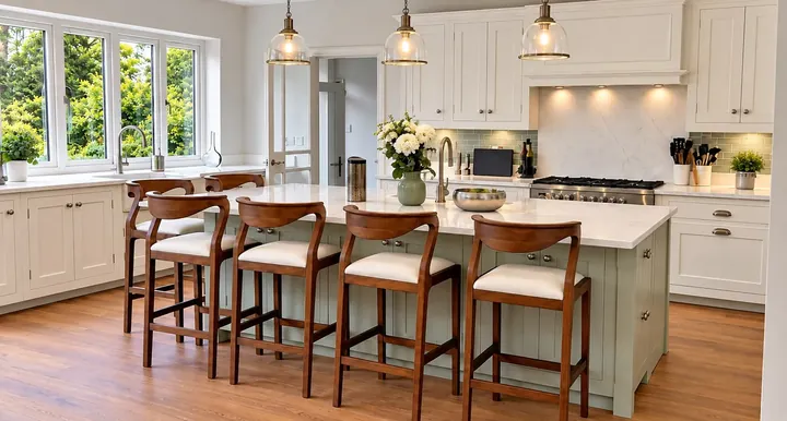 Renovated kitchen with a central island and wooden bar stools