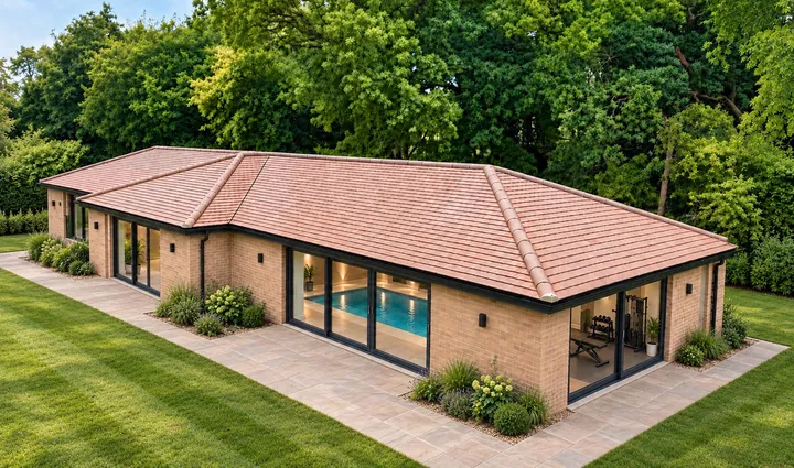 Pool house with a tiled roof and glass doors onto an indoor pool and gym
