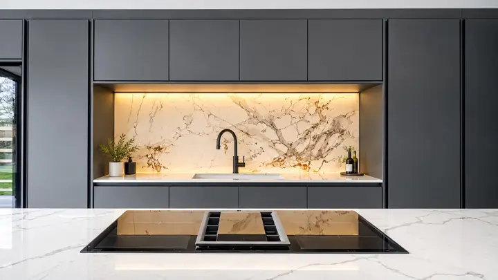 Dark kitchen with a marble splashback and lit alcove